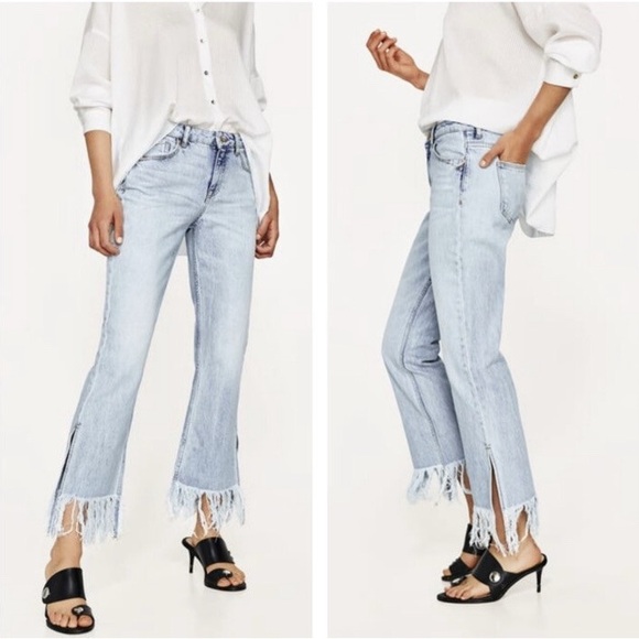 Zara Denim - Zara Basic Mid-Rise Fringe Side Slit Crop Jeans Women’s Size 4